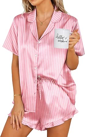 Ekouaer Womens Satin Pajamas Set Button Down 2 Piece Silk Pjs Shorts Set Ruffle Lingerie Notch Collar Sleepwear S-XXL