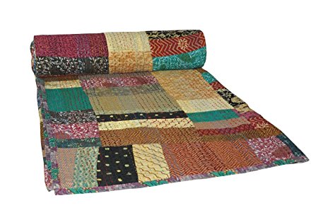 Indian Handmade Vintage Quilt Kantha Stitch Reversible Bedspread Decorative King Size, 90 X 108 Inches
