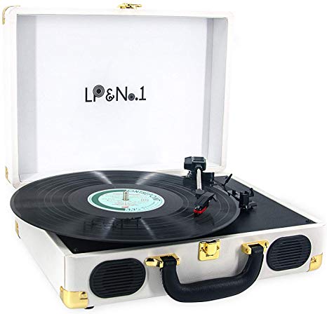 LP&No.1 Suitcase Bluetooth Turntable with Stereo Speaker,3 Speeds Vinyl Record Player White