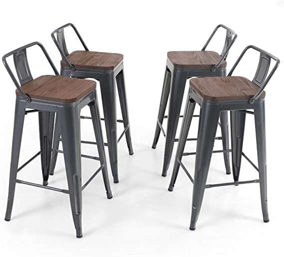 Sophia & William Bar Stool 26" Set of 4 Counter Hight Metal Dining Bar Chairs Wood Seat Low Back Industrial Stackable Patio Stool for Kitchen Bar Indoor Outdoor, Gun Grey