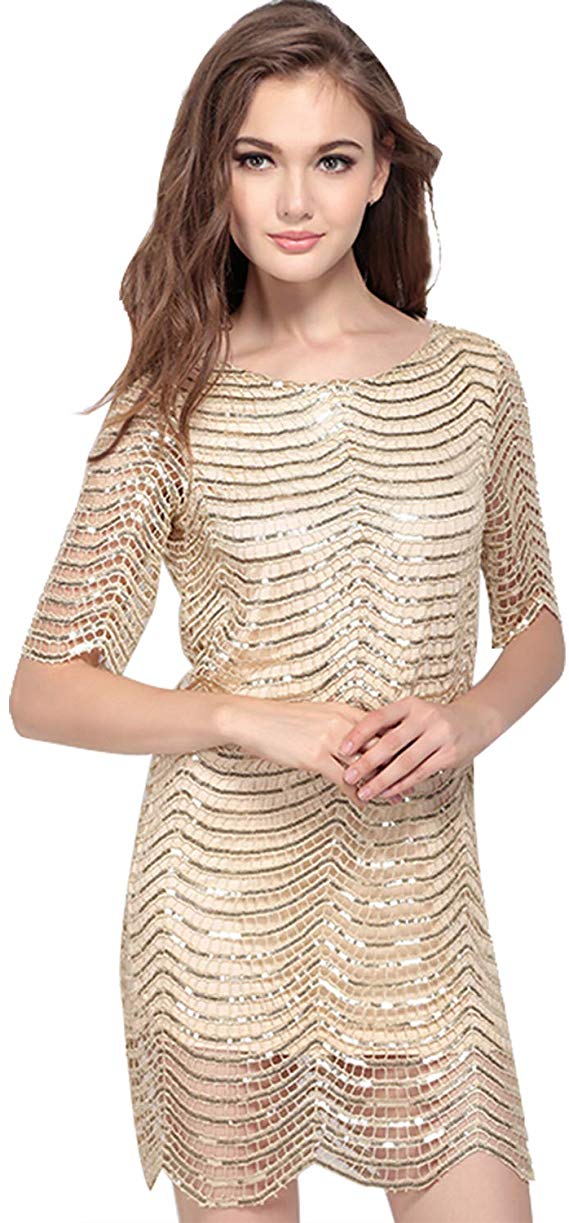 ASMAX HaoDuoYi Womens Sparkle Sequin Lace Hollow Out Half Sleeves Mini 1920's Party Dress