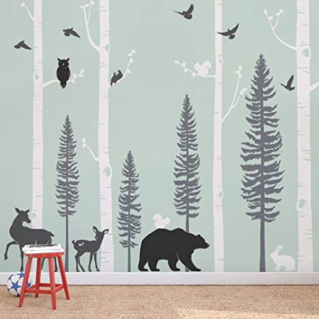 Simple Shapes Birch Trees with Animals Wall Decal - Scheme C - 96" (243 cm) Tall Trees