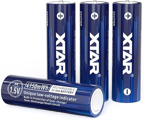 XTAR New 1.5V 4150mWh Rechargeable AA Lithium Battery,4-Pack with Low-Voltage Indicator (4-Pack 1.5V AA 4150mWh)