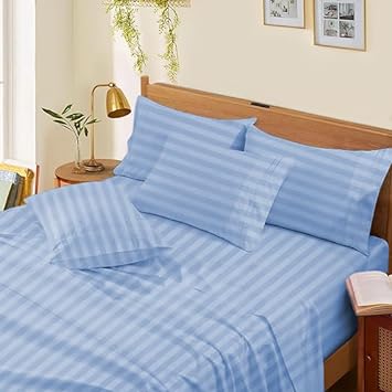 4 Piece Sheet Set 100% Egyptian Cotton 1000 Thread Count Luxury Hotel Soft Bed Sheets Fits Mattress Upto 18" Inch Deep Pocket, King Size - Light Blue Stripe