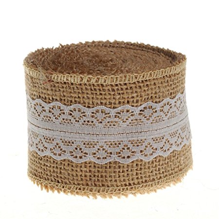 HUJI Natural Jute Burlap with Lace Ribbon for Arts Crafts Wedding Cake Rustic Decorations (10 yd, 2" Beige & White Lace)
