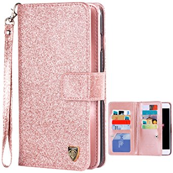 iPhone 7 Plus Case, iPhone 7 Plus Wallet Case, BENTOBEN Luxury Shiny Bling Flip Folio Wallet Case Credit Card Slots Cash Holder Nickel Plated Press Stud Wrist Strap Magnetic Snap Closure, Rose Gold