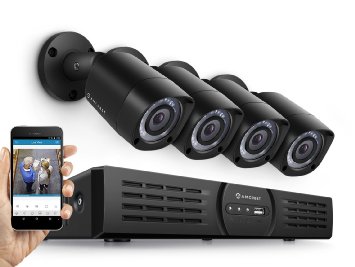 Amcrest Eco-HD 720P 1280TVL 4CH Video Security System w Four 10 Megapixel IP67 Weatherproof Bullet Cameras 65ft Night Vision Long Distance Transmit Range 1640ft Pre-Installed 1TB HD