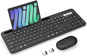 SABLUTE Wireless Keyboard and Mouse Combo, Multi-Device (Bluetooth 2.4GHz) Lag-Free Full-Size Keyboard Mouse Set with Phone Holder, Silent Mouse, Compatible with Mac OS, iOS, Windows, Android - Black