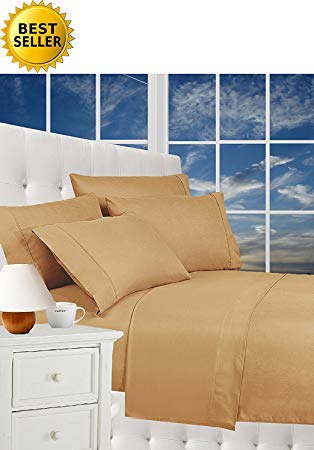 CELINE LINEN Luxurious Bed Sheets Set on Amazon 1800 Thread Count Egyptian Quality Wrinkle Free 4-Piece Sheet Set with Deep Pockets 100% Hypoallergenic, Queen Gold
