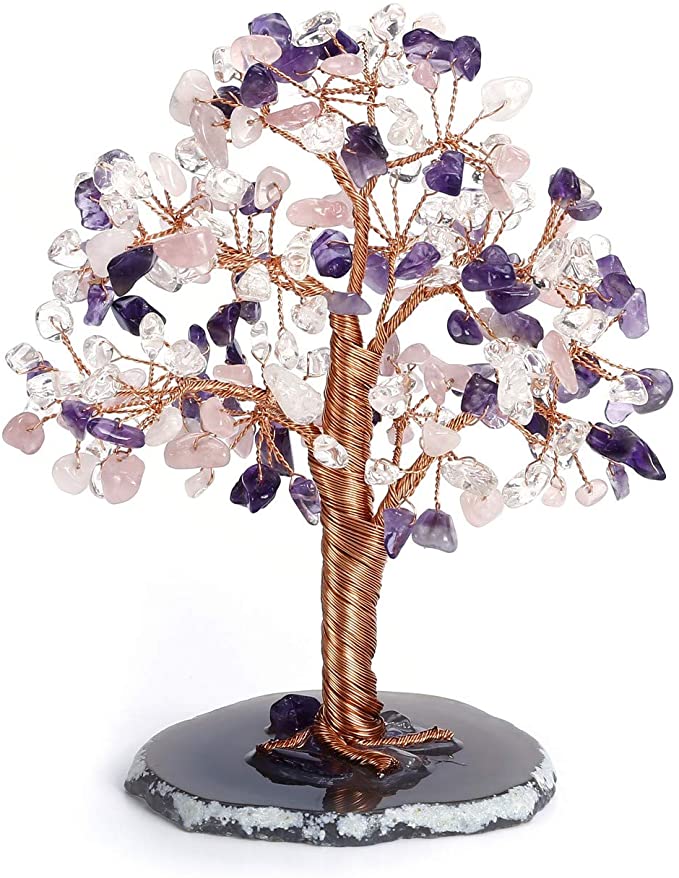 Jovivi Amethyst Rose Quartz Clear Quartz Crystal Money Tree Natural Healing Geode Agate Slices Base Bonsai Crystal Tree Ornament Feng Shui Decoration for Wealth and Luck 5.5"-6.3"