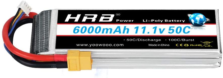 HRB 6000mAh 11.1V 3S 50C 3 Cell LiPo Battery Pack with XT60 Plug for Traxxas RC Cars Slash vxl Slash 4x4 vxl E-maxx Brushless Axial e-revo Brushless and Spartan Models