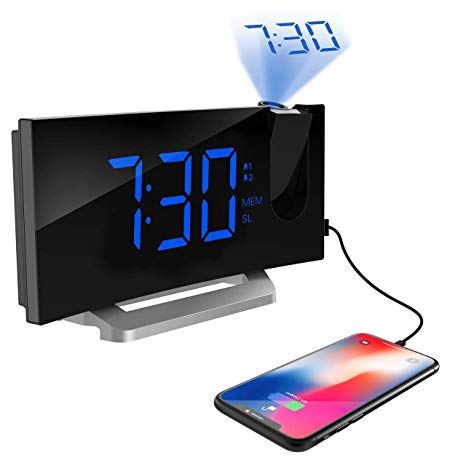 TOPELEK Projection Alarm Clock, 7'' Curved-Screen FM Radio Alarm Clock with Dimmer, Digital Alarm Clock with Multiple Alarm Voice, Dual Alarm, Snooze Mode, Sleep Timer, Dual USB Port, Blue