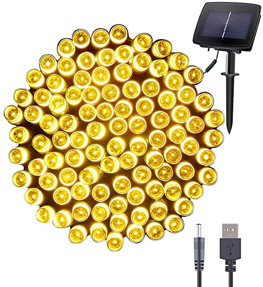 Qunlight Solar Fairy String Lights 72ft 200 LED Outdoor Sensor Waterproof USB Solar Powered 2 Modes with Timer Function Decorative Lighting for Patio Xmas Garden Homes Party Decore(Warm White)