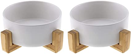 Micro Traders 2Pcs Ceramic Cat Dog Bowl, with Bamboo Elevated Stand for Puppy Kitten Pet Raised Feeder Gift Dishwasher-Safe White