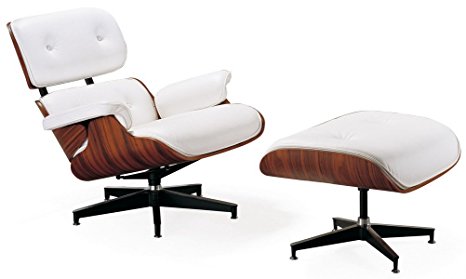 Mid Century Modern Classic Rosewood Plywood Lounge Chair & Ottoman With White Premium High Grade PU Leather Eames Style Replica