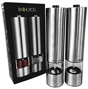 Bioexcel 2-Pack Automatic Pepper Mill - Stainless Steel Electric Salt & Pepper Grinder | Set of 2 Mills