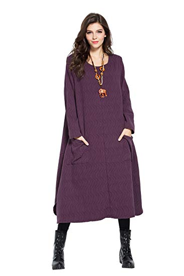 Anysize Spring Fall Ripple Jacquard Weave Soft Linen&Cotton Dress Winter Plus Size Dress Y262