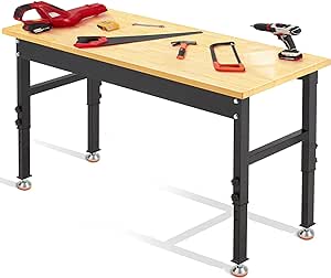 Antifir 60" Adjustable Workbench,Heavy Duty Workstation with Rubber Wood Top, 2000 LBS Load Capacity Hardwood Garage Workbench for Garage,Office,Workshop,Home, Easy Assembly