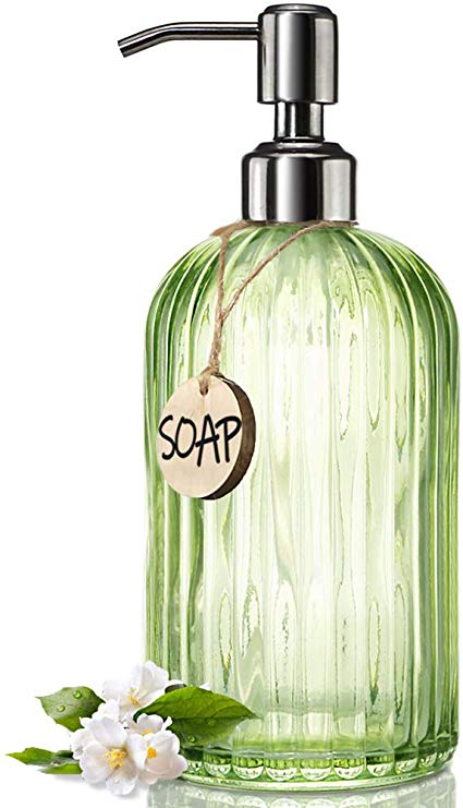 JASAI 18 Oz Vertical Striped Green Soap Dispenser with 304 Rust Proof Stainless Steel Pump, Refillable Lotion Soap Dispenser for Bathroom, Kitchen, Hand Soap, Dish Soap (Clear Green)
