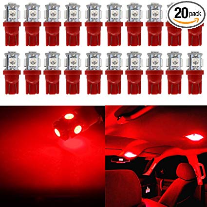 JAVR - Pack of 20 - Bright Red 194 T10 168 2825 W5W Car Interior Replacement LED Light Bulb - 5th Generation 5050 Chipsets 5SMD Lighting Source for 12V License Plate Map Dome Lights Lamp