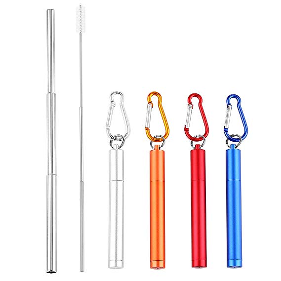 4 Pack Reusable Foldable Collapsible Telescopic Stainless Steel Straws, 9 inch Metal Straws Set With Metal Case and Adjustable Cleaning Brush(Telescopic Straws with Metal Case 4 Pack)