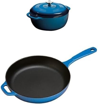 Lodge 6 Quart Enameled Cast Iron Dutch Oven with Lid and Dual Handles, Blue   Lodge Enameled Cast Iron Skillet, Caribbean Blue, 11-inch, Bundle