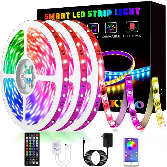 Led Lights, KIKO 50ft/15m RGB Led Lights Strip for Bedroom with Bluetooth and Remote Controller Led Light Strips Sync to Music
