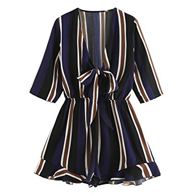 Romwe Women's Sexy Tie Front Ruffle Hem Colorblock Striped Print Romper Jumpsuit