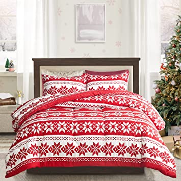 Joyreap 3pcs Comforter Set, Christmas Theme Red and White Snowflake Pattern, Soft Microfiber Bedding Comforter for All Season (Full/Queen, 88x88 inches)