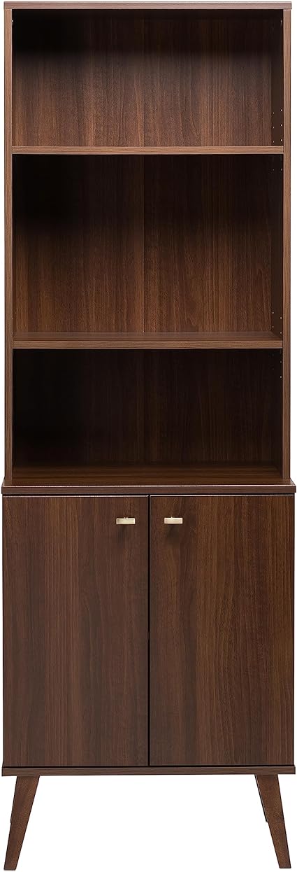 Prepac Milo Mid-Century Modern Tall Bookcase with Adjustable Shelves, Two Doors, and Brushed Brass-Finished Knobs
