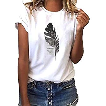 Fashion Women's Casual T-Shirt Loose Short-Sleeved Leaf Print O-Neck Top