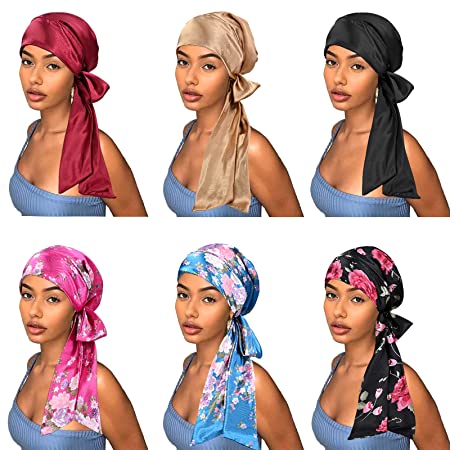 6 Pieces Satin Bonnet Head Scarf Sleeping Cap Headwear Head Wrap Turbans for Black Women Bonnet for Long Curly Hair, Braids (Multiple Colour)