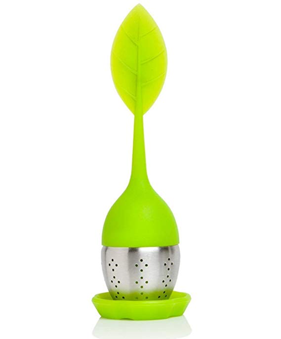 iNeibo Kitchen Silicone Loose Leaf Tea Infuser - Long Leaf Shape Handle - Stainless Steel Strainer - With A Rest Mat