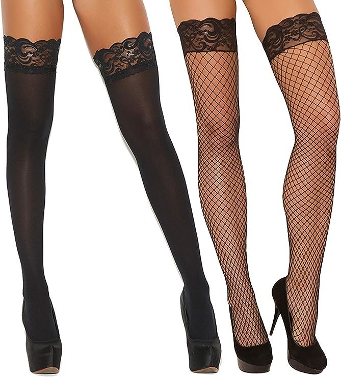 Angelique Womens Black Fishnet Lace Top Stay Up Thigh High Stockings for Garter Belts- 2 Pack