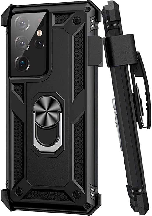 Case for Samsung Galaxy S21 Ultra with Belt Clip,Military Grade Drop Full-Body Protection Cover[Belt Clip Holster&Magnetic Ring Holder] 360 Degree Rotating Kickstand case for Galaxy S21 Ultra (Black)