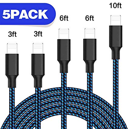 iPhone Charger, MFi Certified iPhone Cable 5 Pack [3/3/6/6/10FT] Extra Long Nylon Braided USB Charging&Syncing Cord Compatible with iPhone 7 7Plus X XS Max XS XR 8 8Plus 6S 6S Plus SE [Black&Blue]