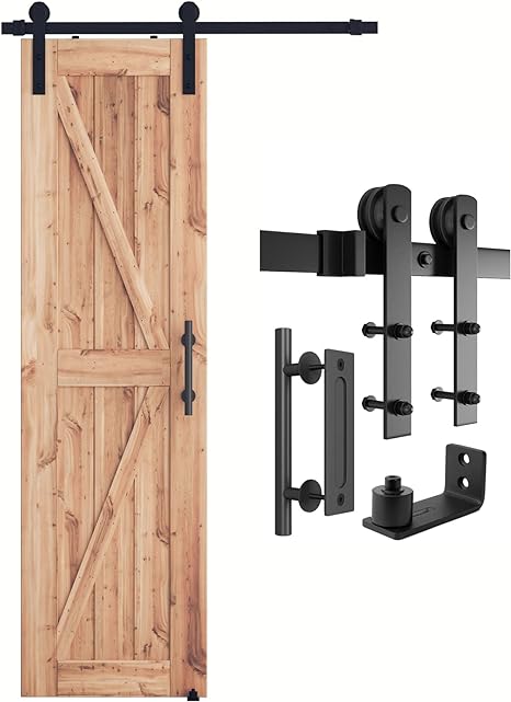 SMARTSTANDARD 4 FT Heavy Duty Sturdy Sliding Barn Door Hardware Kit, Black, (Whole Set Includes 1x Pull Handle Set & 1x Floor Guide) Fit 24" Wide Door Panel (I Shape Hanger)