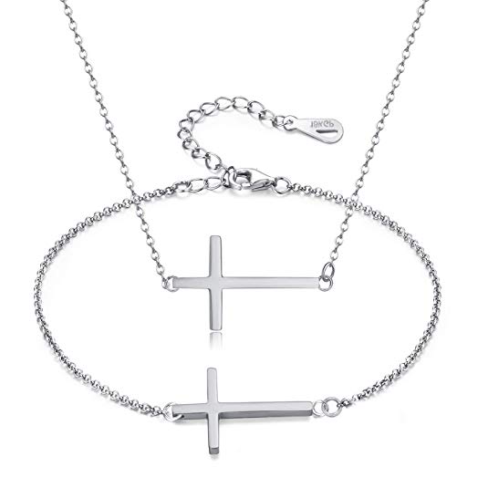 4MEMORYS Sideway Cross Necklace Bracelet Set 18K Gold Plated Hypoallergenic Stainless Steel Material for Women Girls with Gift Pack