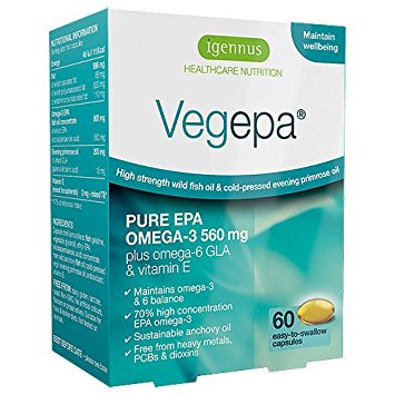 Vegepa Omega-3-6 Supplement, 800mg Wild Fish Oil with Virgin Evening Primrose Oil, 560mg Omega-3 EPA with GLA for Balanced Omega-3-6 Intake, GMP Manufactured, 60 Softgels