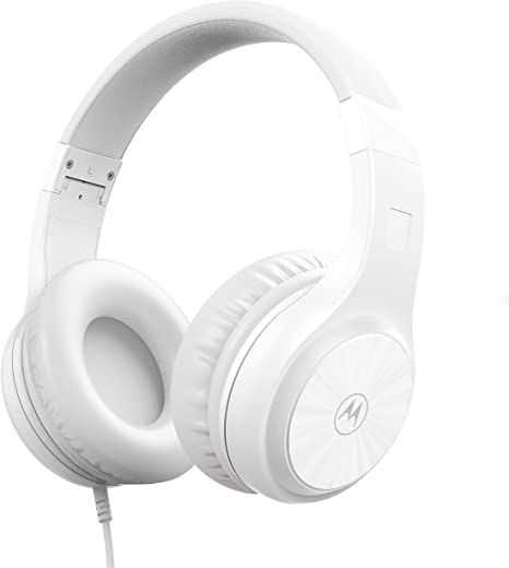 Motorola Over-Ear Headphones Wired - Moto XT120 Headphones with Microphone, in-Line Control for Calls - Foldable Head Phones, Adjustable Cushioned Headband - Dynamic Bass, Clear Sound - White