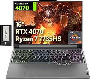 Lenovo Legion Slim 5 16" WQXGA Gaming Laptop, AMD Ryzen 7 7735HS, 64GB DDR5, 2TB SSD, NVIDIA GeForce RTX 4070 8GB, Backlit Keyboard, FHD Webcam, Wi-Fi 6E, Win 11 Pro, Gray, 256GB Docking Station Set