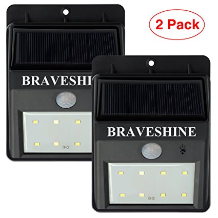 BRAVESHINE Indoor Outdoor LED Solar Motion Sensor Light Security Wall Light with Sticky Hook and Loop Adhesive Anywhere for Patio,Deck,Yard,Garden, Fence, Driveaway-8 LEDS (2Pack-Black)