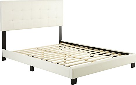 Flex Form Murphy Upholstered Platform Bed Frame with Tufted Headboard: Faux Leather, White, Queen