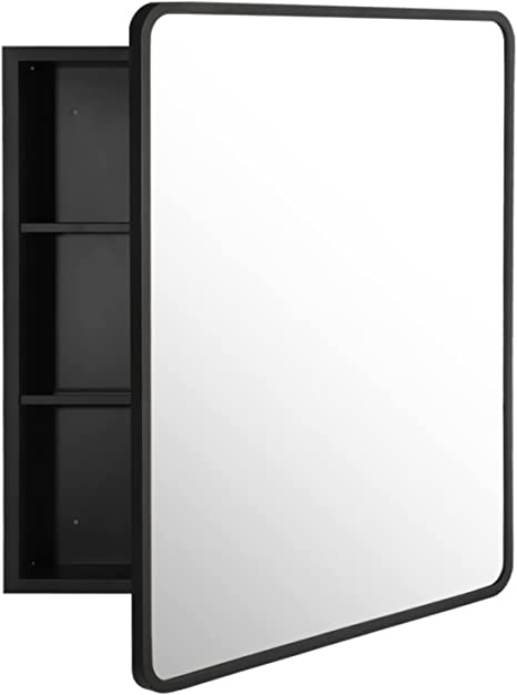 Movo 24 Inch x 30 Inch Black Metal Framed Bathroom Mirror Medicine Cabinet Rectangle Tilting Beveled Vanity Mirrors Recess or Surface Mount Installation