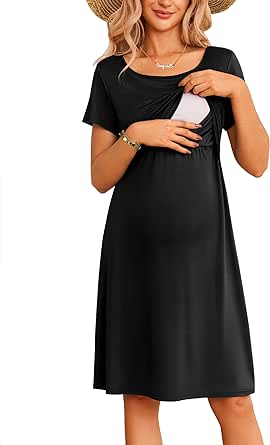 Ekouaer Women's Nursing Dress Summer Short Sleeve Patchwork Maternity Breastfeeding Knee Length Dress