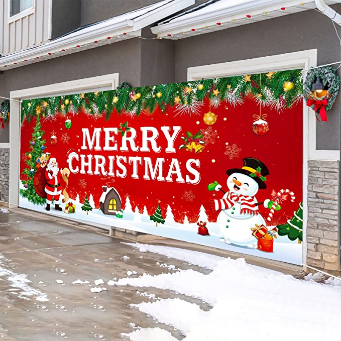 Outdoor Christmas Holiday Garage Door Banner Cover Large 2022 Christmas Santa Claus Snowman Backdrop Decoration Merry Christmas Garage Door Mural for Xmas Winter Holiday Outdoor Background Sign 6x13ft