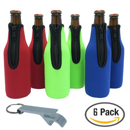 Beer Bottle Koozie - Premium Set of 6 Multi Color Bottle Sleeves - Extra Thick Neoprene with Stitched Fabric Edges with Bonus Bottle Opener (6 Pack - Multi Color)
