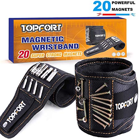 TOPFORT Wearable Magnetic Wristband with 20 Strong Magnets for Holding Screws, Nails, Drill Bits - Best Father's Day Gift for Men, DIY Handyman, Father/Dad, Husband, Boyfriend, Women (Black)
