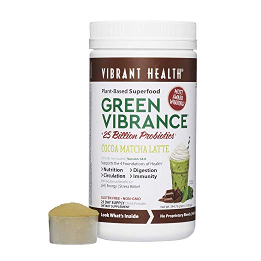 Vibrant Health, Green Vibrance Cocoa Matcha Latte, Plant-Based Superfood Powder, 25 Billion Probiotics Per Scoop, Vegetarian and Gluten Free, 25 Servings
