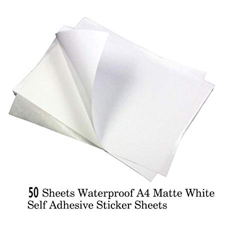 Sticker Paper Quality Waterproof A4 White Matter Self Adhesive Sticky Back Label Printing Paper Sheet Inkjet Laser Printable (50 Sheets)